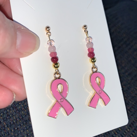 Handcrafted Pink Beaded Hope Dangling Earrings - Picture 4 of 6